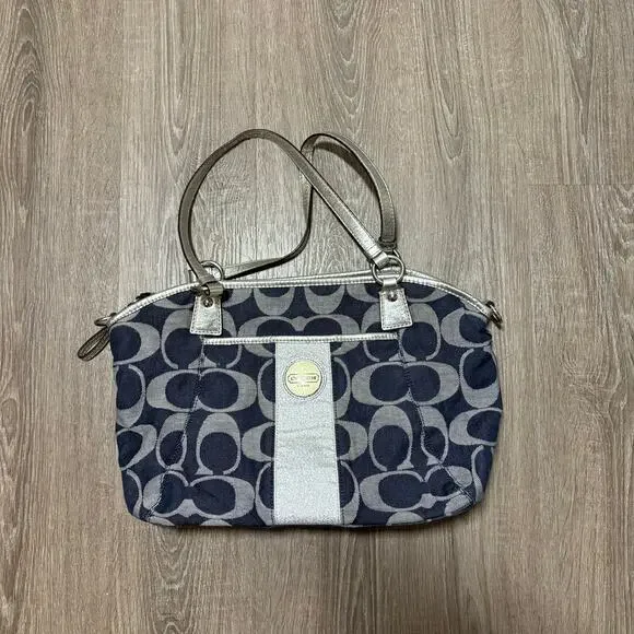 Coach Signature Stripe Gallery Shoulder Bag Navy Jacquard Silver Trim F17948 - Picture 5 of 13
